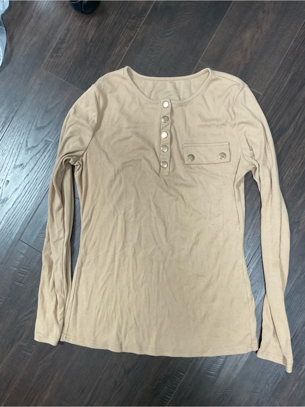 Long Sleeve Snap-Front Henley Top in Beige